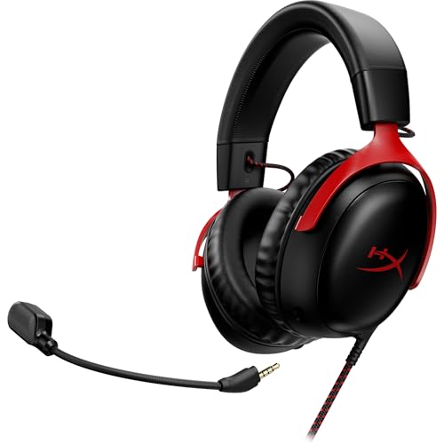 HyperX Cloud III – Wired Gaming Headset, PC, PS5, Xbox Series X|S, Angled 53mm Drivers, DTS Spatial Audio, Memory Foam, Durable Frame, Ultra-Clear 10mm Mic, USB-C, USB-A, 3.5mm – Black/Red