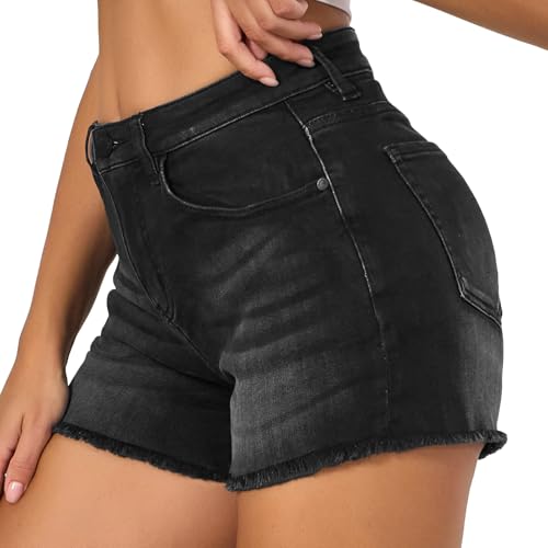 Image of VIPONES Women Mid Rise Jeans Shorts Frayed Raw Hem Summer Stretchy Casual Denim Shorts