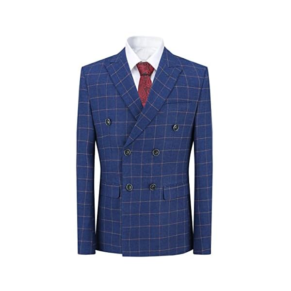 Cloudstyle Mens Blue Slim Fit 3 Piece Checked Suits Double Breasted Vintage Fashion - Image 3