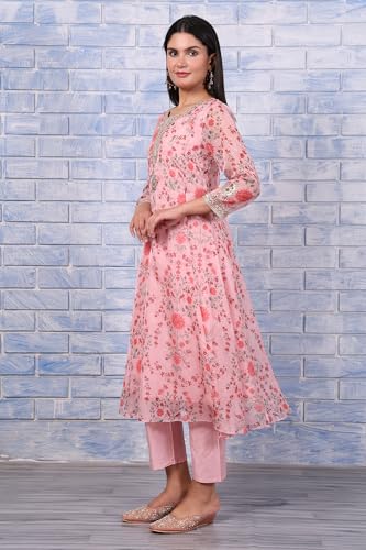 Image of W for Woman Pink Floral Printed Dori Embroidered Organza Flared Kurta, Straight Pant And Dupatta Set