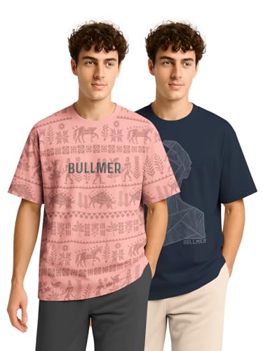 Image of BULLMER Trendy Half Sleeve Oversized Cotton Blend Crew Neck Tshirt for Men - Pack of 2
