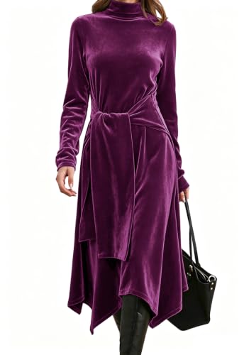 Image of Jayscreate Women's 2023 Long Sleeve Sweater Dress Fall Winter Midi Tie Front Knit High Waist Business Casual Dress