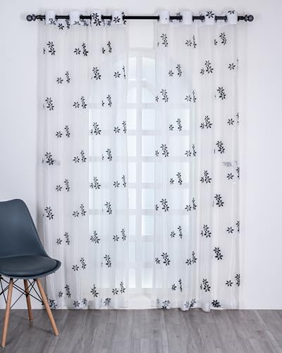 Image of (7 ft Sheer Tissue with Embroidery 3 Flower Design|Grommet Curtains Window Long Curtain|Tissue Fabric Window Single Curtain (Black&White)|for Home|(Pack of 1)|213 L X 121 W cm