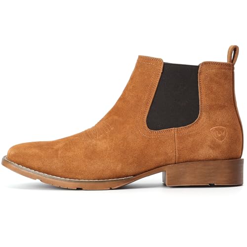Image of IUV Suede Chelsea Cowboy Boots for Men Western Ankle Boots Casual Dress | Genuine suede Chelsea-Western boots, elastic panels, saddle stitching, versatile brown, slip-on