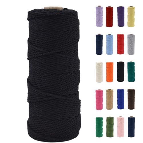 POPOYU Hilo de macramé de 2 mm, hilo de macramé negro, hilo de algodón de macramé de 2 mm x 100 m, cordón de algodón natural, cuerda de algodón para manualidades, punto bohemio, decoración