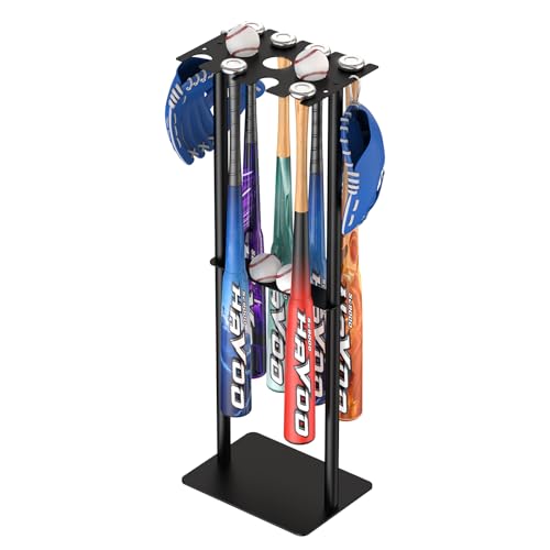 QBA Baseball Bat Holder Stand Free Standing Bat Rack Holds Up to 8 Bats 5 Balls 4pcs Gloves Bat Organizer for Home Garage Dugout Black