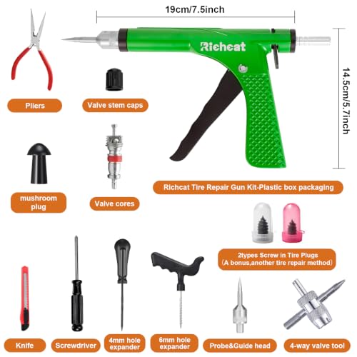 Image of Richcat Tubeless Tire Puncture Repair Kit with Mushroom Plug, Repairs punctures and Flat Tires for Motorcycles, Cars, Trucks, ATVs,Gun Puncture Repair Kit