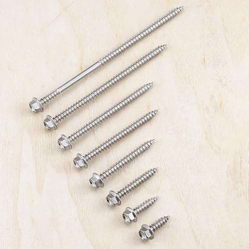#12 x 2-1/2" Tornillos de cabeza hexagonal con brida para madera de tablero de fibra, acero inoxidable grado 410, resistente al óxido, paquete de 25, incluye punta hexagonal miniatura 4