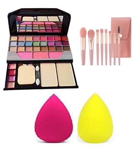 Professional Makeup Kit eyeshadow Palette, Brushes, Beauty Sponges, Pink and Yellow-image-25