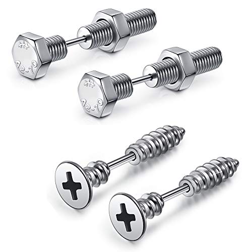 AllerPierce Stainless Steel Punk Earrings Cool Screw on Earring Studs Backs Piercing Jewelry for Men Women