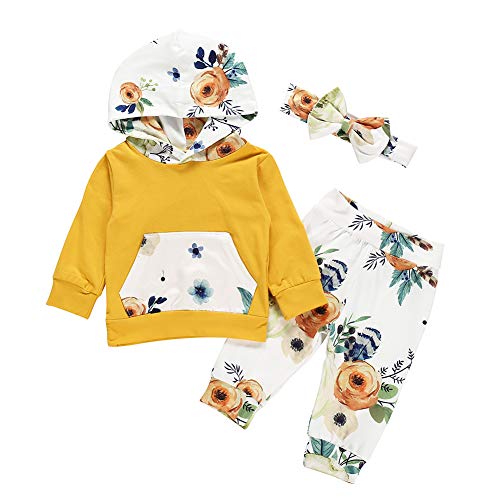 Toddler Baby Boy Girl Long Sleeve Flowers Hoodie Tops Sweatsuit Pants Set Outfit Clothes 2PCS Baby Pant Set (Yellow Floral, 12-18Months)