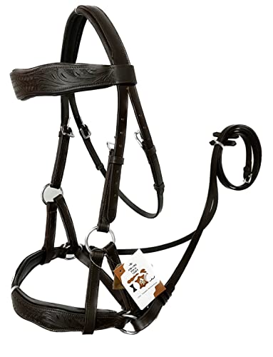 AMAZING HORSE STUFF Sidepull Bitless Bridle with Designer Hand Carving On Brow & Noseband Curved Shaped Brown (Full, Cob, Pony) (Cob)