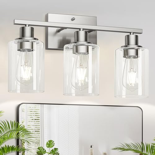Image of MOKATNG 3-Light Bathroom Light Fixtures, Vanity Light with Clear Glass Shades, Brushed Nickel Bathroom Light Fixtures Over Mirror, Modern Bathroom Wall Lamp for Mirror Living Room Cabinet Bedroom