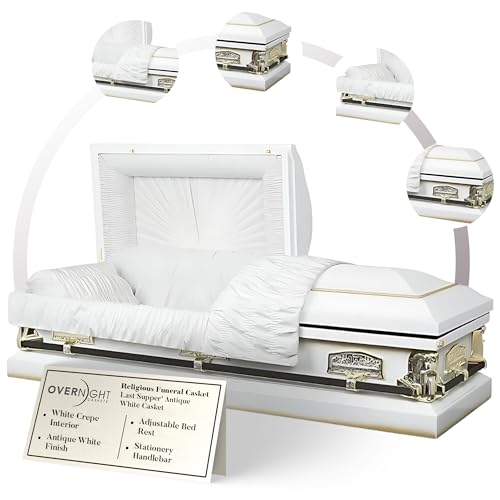 Overnight Caskets Last Supper Metal Funeral Casket with White Crepe Interior - 20 Gauge Steel - Fully Appointed Adult Casket - Coffin Featuring Crepe Interior Lining with Pillow and Throw Set