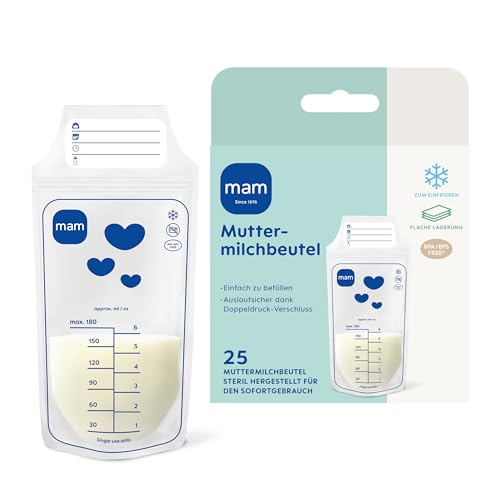 MAM Muttermilchbeutel | Stillbeutel aus BPA- & BPS-freiem Material | Auslaufsichere Milchbeutel mit Doppeldruckverschluss | Praktischer Standboden | Flach & platzsparend | 180 ml | 25 Stück