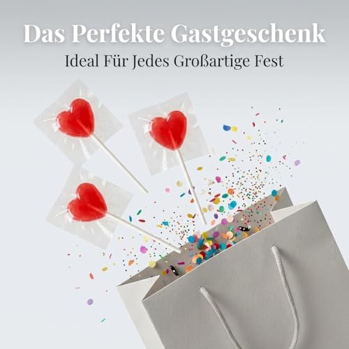 100 Stück einzeln verpackte Herzlutscher Lollies - Kirschgeschmack - Süßigkeiten für Hochzeiten, Geburtstage und Partys - Ideales Mitgeschenk für Ihre Gäste - 900g