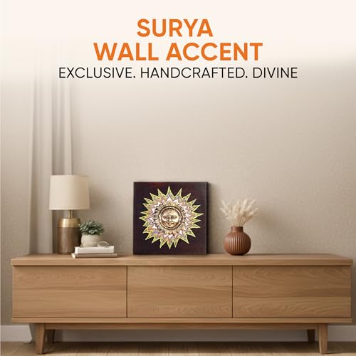 Image of Surya Wall Accent with beautiful Brass Sculpture of Surya Dev | Handcrafted Wall Art for Home Decor & Office Spaces
