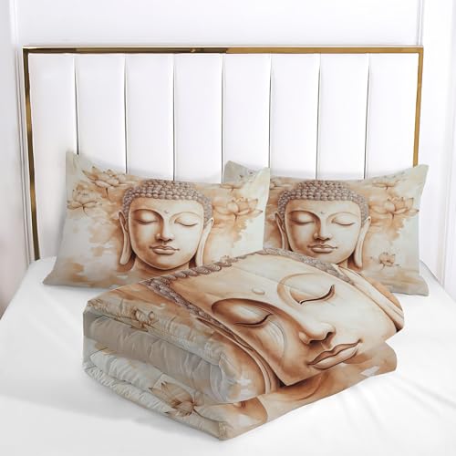 Parure housse de couette bouddha aquarelle beige 2 personnes avec taies d'oreiller 65x65