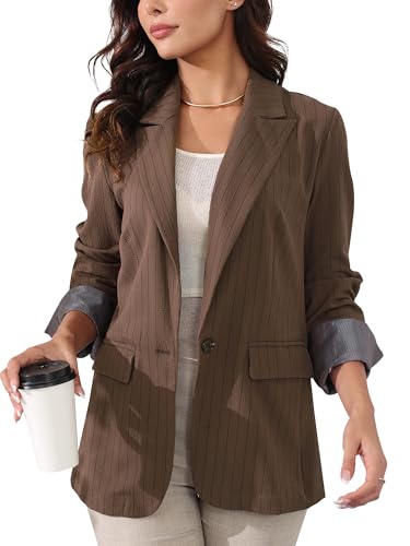 M.Infisavo Women's Casual Blazer for Work Office Loose Lapel Collar Stripe Open Front Stretch Dressy Business Jacket Suit