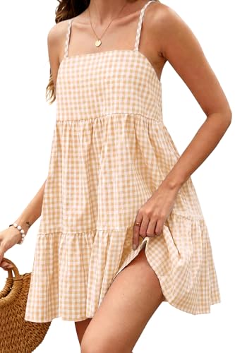 ELLEVEN Women's Gingham Mini Dress Beach Casual Cute Apricot Yellow Small