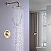 TRUSTMI Brushed Gold Shower System Pressure Balance 10 Inch Rainfall Shower Set with Brass Rough-In Diverter Valve and Trim Kit, Wall Mounted