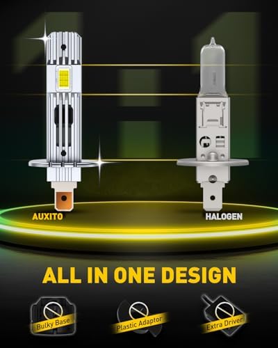 AUXITO H1 LED Headlight Bulb, 600% Brightness 6500K White, 1:1 Mini Size No Adapter Required, Non-Polarity, Fanless Conversion Kit for H1LL Headlights Hi/Lo Beam Fog lights, Plug and Play, Pack of 2 — view 3
