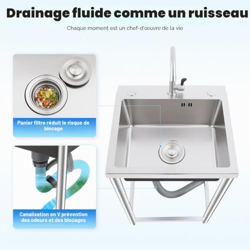 Evier Exterieur De Jardin Evier Cuisine Inox Sur Pied avec Robinet Et étagères, Rangement Eviers De Restaurant Commercial Pour Garage/Appartement/Sous-Sol/Boutique Facile Nettoyer (Évier 45×40×22cm) – vue 5