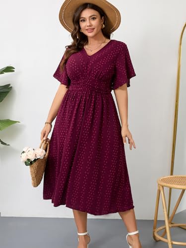 RWJ Women's Plus Size Maxi Dress V Neck Short Sleeve Swiss Dot A Line High Waist Flowy Casual Summer Dresses 20252