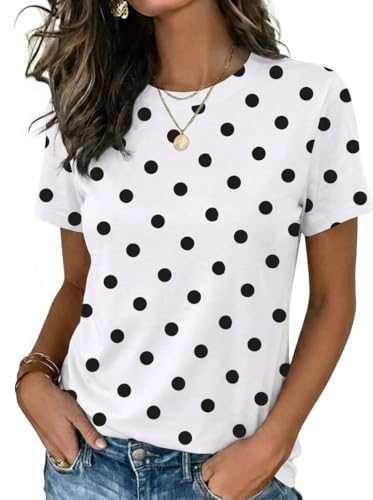 Zeagoo Womens Tops Dressy Casual Crewneck Business Short Sleeve T Shirts Polka Dot Tee Going Out Tops 2026 Basic Clothing