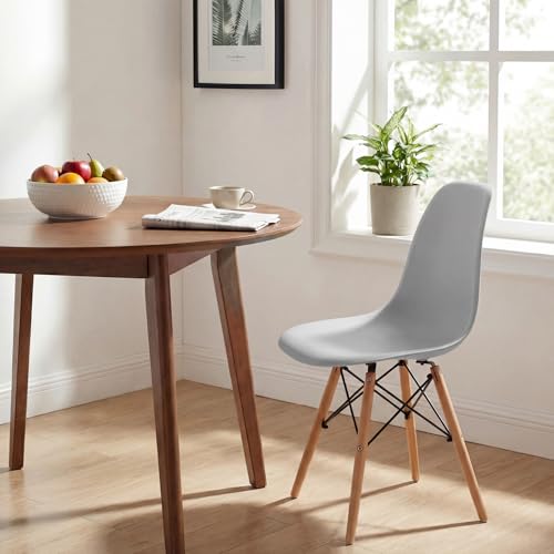 Image of Furmax Dining Chairs Set of 4, Mid Century Modern Plastic Dining Chair w /Curved Backrest & Wood Legs, DSW Shell Lounge Side Chair for Dining Room Living Room Apartment, Kitchen Chairs (Grey)
