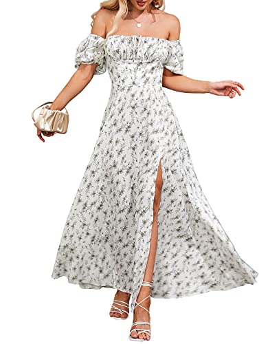 Image of KUTUMAI Women Summer Puff Sleeve Off Shoulder Floral Flowy Long Maxi Dress