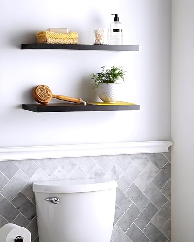 Image of Floating Shelves for Wall, Bathroom Shelves Wall Mounted for Kitchen, Bedroom, Bathroom Storage Over Toilet, Hanging Book Shelf for Wall Home Decor Living Room (Black-ND)