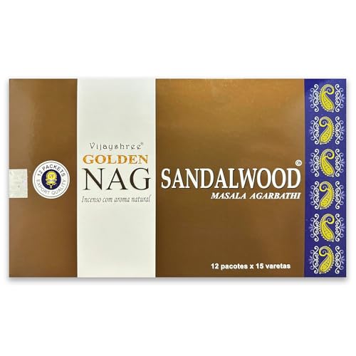 Varillas de Incienso Vijayshree Golden Nag Sandalwood 180 g - 12 Paquetes de 15 g - Aromaterapia - Meditación - Yoga - Packaging EcoFriendly