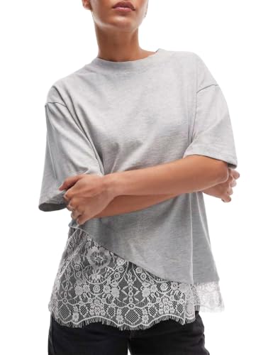 Image of LCXWFE Women's Layered Lace Trim T-Shirts Short Sleeve Crewneck Tee with Floral Lace Hem Casual Loose Fit Tops, Light Grey, XL
