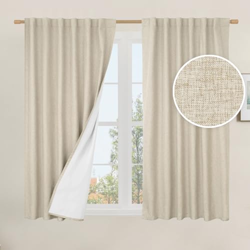 LAMIT 40 Inch Length 100% Blackout Linen Window Curtains for Kitchen, Linen