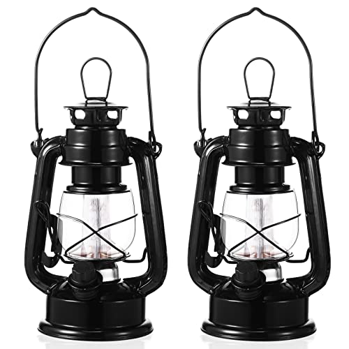 Hortsun 4 Pcs 8 Inch Vintage LED Hurricane Lantern Metal Black Outdoor Battery Operated Hanging Lantern with Warm LEDs and Dimmer Switch for Indoor Rustic Farmhouse Country Camping Decor