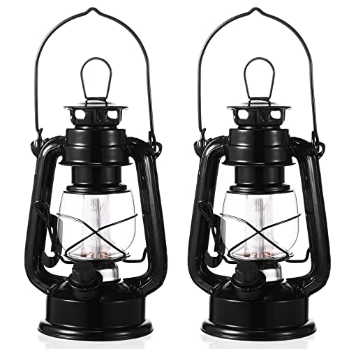 2 Pcs 8 Inch Vintage LED Hurricane Lantern 12 Warm LEDs and Dimmer Switch Battery Operated Metal Lantern Decorative Hanging Lantern for Indoor Outdoor Camping Usage Decor