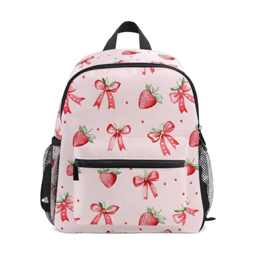 Bolaz Mochila infantil para meninos e meninas, crianças, pré-escolares, laços de morango, jardim de infância, pequena, alça de peito de 3 a 8 anos
