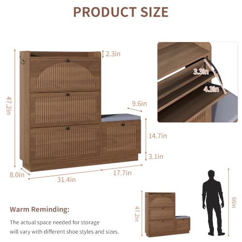 Image of Shoe Storage Cabinet with 2 Flip Drawers, Shoe Organizer Storage with Bench