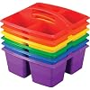 Really Good Stuff - 163999 Four-Equal-Compartment Caddies, Set of 6, Assorted Colors Plastic Caddy Organizers with Built-in Handles and Stackable Design, Classroom Storage Made Easy