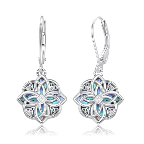 Celtic Witches Knot Sterling Silver Witch Earrings - Abalone Shell Birthstone Drop Dangle Leverback Celtic Earrings - Mother's Day Gifts for Women, Sisters, Best Friends