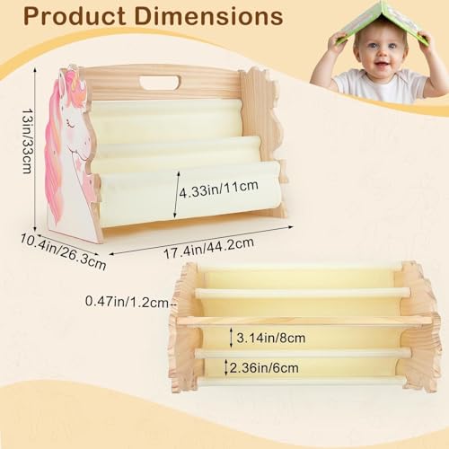 Image of Toddler Bookshelf Double-Sided with 4 Tier Deep Sleeves Kids Wooden Montessori Book Rack for Baby Nursery Room, Playroom, Classroom or Bedroom Bookcase Storage Organizer, Pink Unicorn