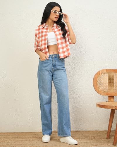 Image of Chimpaaanzee Women Checks Half Sleeve Crop Shirt