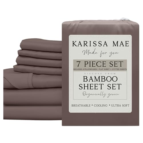 Image of KARISSA MAE 7 Piece Luxury Bamboo Viscose Split King Sheets, FSC Certified | Includes 2 Twin XL Fitted Sheets | Sleep Number & Adjustable Bed | Cooling | 18 inch Deep Pocket | 4 Pillowcases [Mocha]