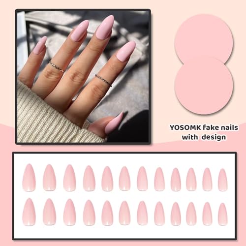 YOSOMMK Pink Fake Nails Almond Press on Nails Medium Glossy Stick on Nail Cute Glue on Acrylic False Nail for Women and Girls — view 4