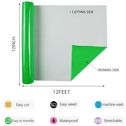 Image of Neon Green HTV Iron on Vinyl 12Inch by 12ft Roll HTV Heat Transfer Vinyl for T-Shirt HTV Vinyl Rolls for All Cutter Machine - Easy to Cut & Weed for Heat Vinyl Design (Neon Green, 12ft)