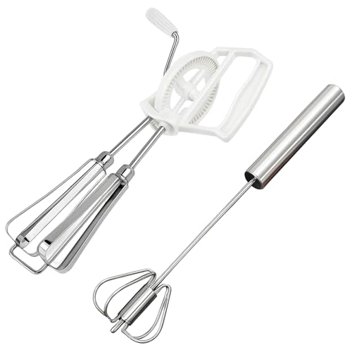 2 White Bagged Egg Beaters + 1 Large Semi-Automatic Stainless Steel Mixer, Durable Kitchen Tools for Baking and Cooking,Egg Beaters Hand Crank, Manual Hand Mixer Set