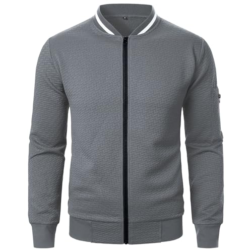 Cambkatl Men's Lightweight Full Zip Jackets Sytlish Jacquard Stand Collar Casual Long Sleeve Loose Outerwear with Pockets