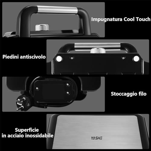 YASHE Piastra per Waffle, Macchina per Waffle Quadrata 4 Fette, 5 Manopole di Doratura, Luci Indicatori, Antisversamento, Rivestimento Antiaderente, 1200W, Argento/Nero - immagine 6
