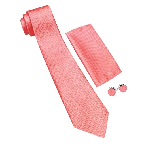 Image of Barry.Wang Solid Striped Tie for Men Silk Necktie Pocket Square Cufflinks Formal Wedding Party Business